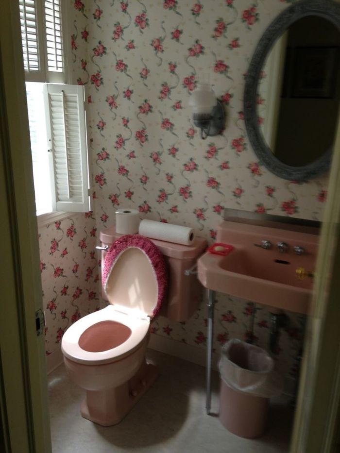My Grandparents’ Home Built In The Mid 1940s And Everything Room Had A Color Scheme. Unfortunately This Is The Only Photo I Still Have Of The Downstairs Half Bath. But That Wastebasket Even Had Pink Bunnies With Flowers That Matched The Wallpaper