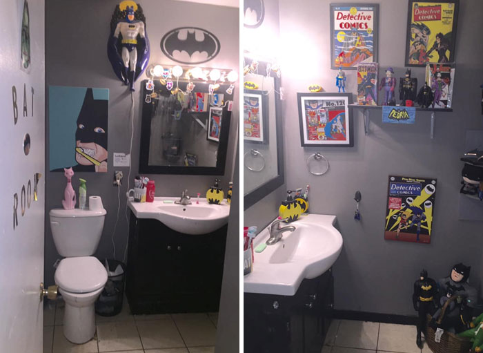 Here's My Batman Bathroom That Was Pieced Together Through Garage Sales, Flea Markets, Antique Stores, And Craft Fairs