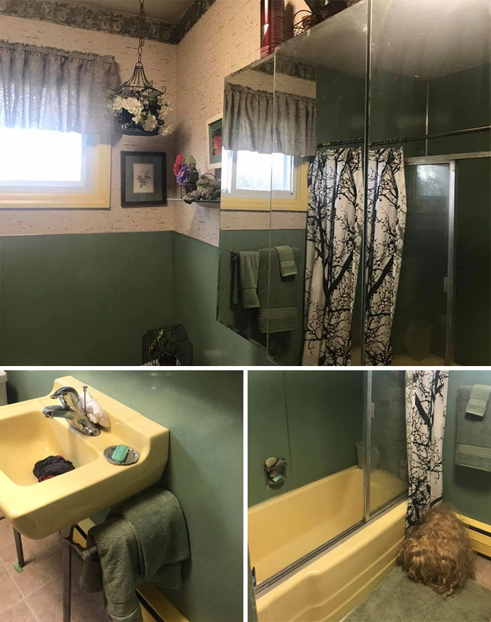 I Love This Bathroom & Never Considered Changing It - It’s A Wig On A Footstool- The Cat Loves It & Enjoys Sitting There