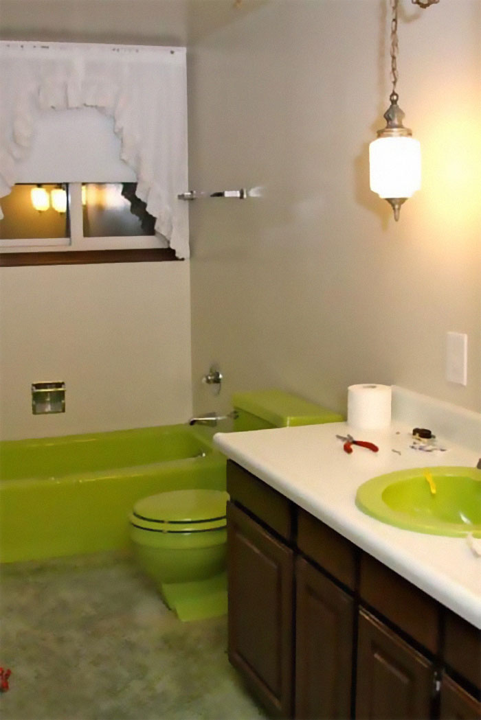 This Was Our Bathroom When We Moved Into Our House! This Is The Main Floor Bathroom. It Was A Custom Color! And Yes, That Is Green Shag Carpet!