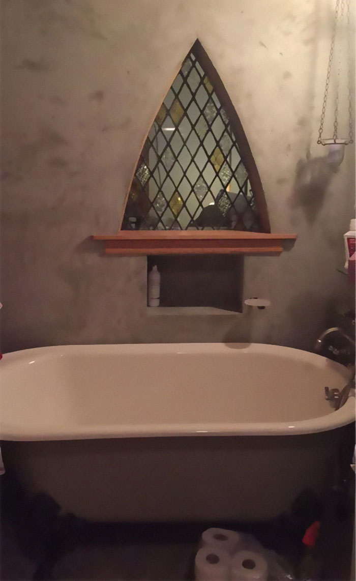 We Bought This House Last Year. The Previous Owner Was A Set Designer. The Stained Glass Window Comes From The Disney Channel “Cinderella” From Around 2001-Ish. My Friend Calls It “The Porn Bathroom.”