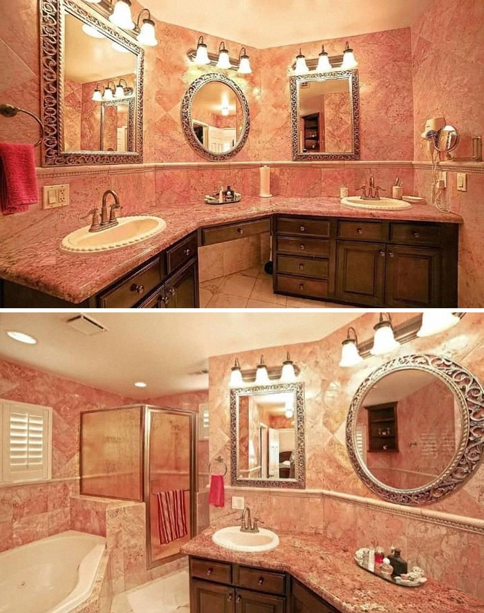 Top To Tail Pink Marble Tile, Pink Granite Counters, And Pink Floors. It Was Definitely A Major Reason That I Picked The House. The People Who Lived Here Before Me Did Nothing But Upgrade And Improve This Place For The 20 Years They Owned It, And It Shows