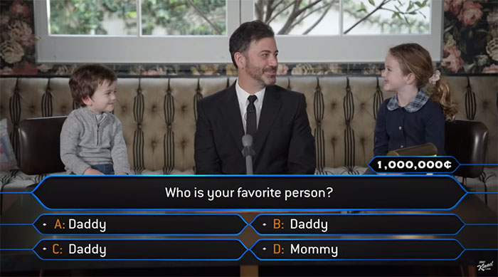 Jimmy Kimmel Hosts 'Who Wants To Be A Millionaire' For His Two Kids And Billy Adorably Loses His Patience Jimmy Kimmel Hosts 'Who Wants To Be A Millionaire' For His Two Kids And Billy Adorably Loses His Patience