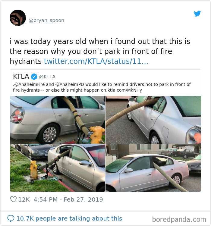 bryan_spoon tweets about why you don't park in front of fire hydrants and picture of car near fire hydrant