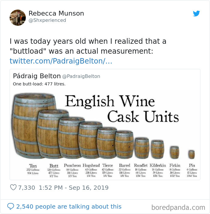 Shxperienced tweets about buttload and picture of wine barrels