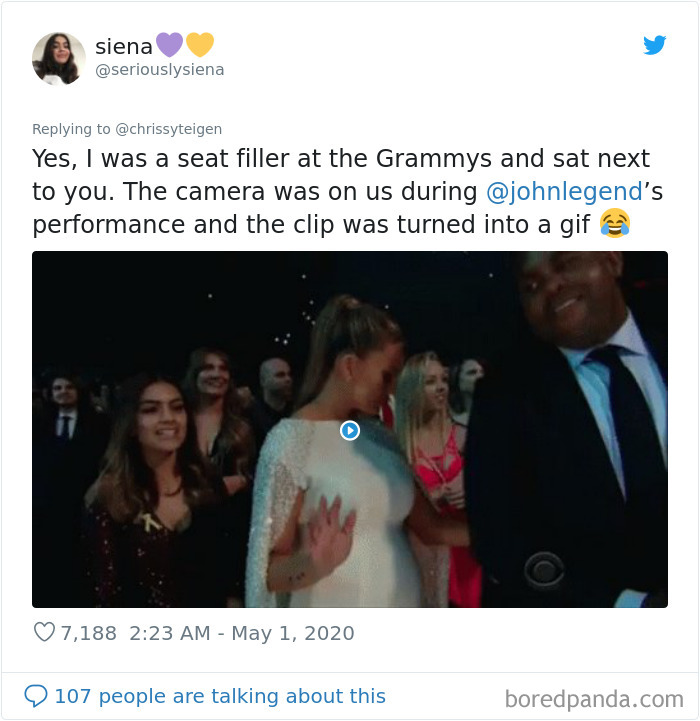 Screenshot of a Twitter user sharing their one minute of fame story as a Grammy seat filler during John Legend’s performance.