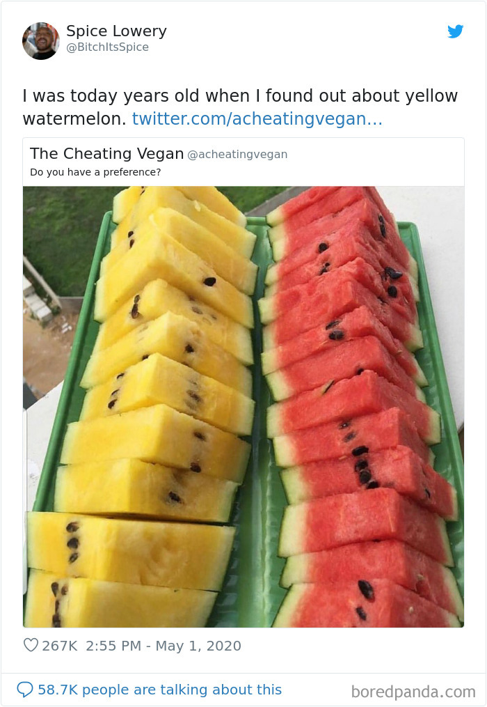 BitchItsSpice tweets about yellow watermelon and picture of yellow and red watermelons