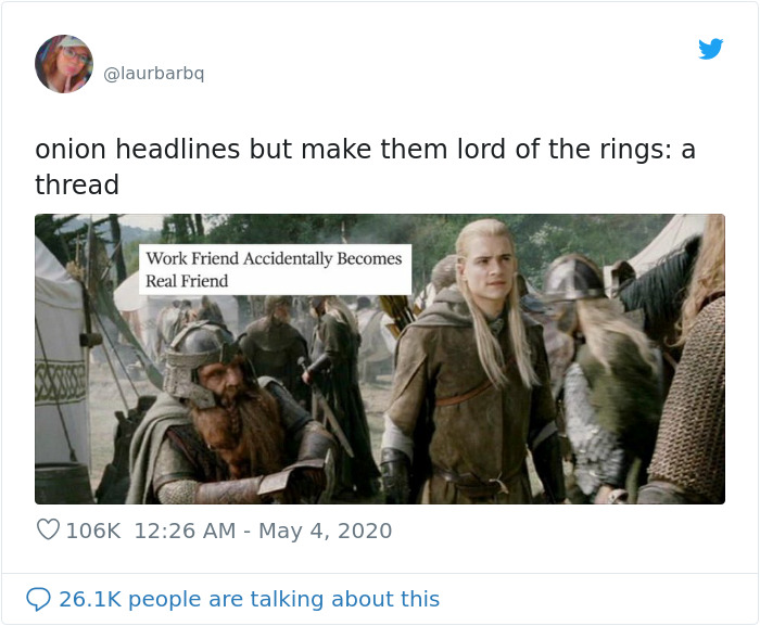 Person Matches Scenes From 'The Lord Of The Rings' To Funny Headlines From 'The Onion' And Fans Find It Hilarious Person Matches Scenes From 'The Lord Of The Rings' To Funny Headlines From 'The Onion' And Fans Find It Hilarious