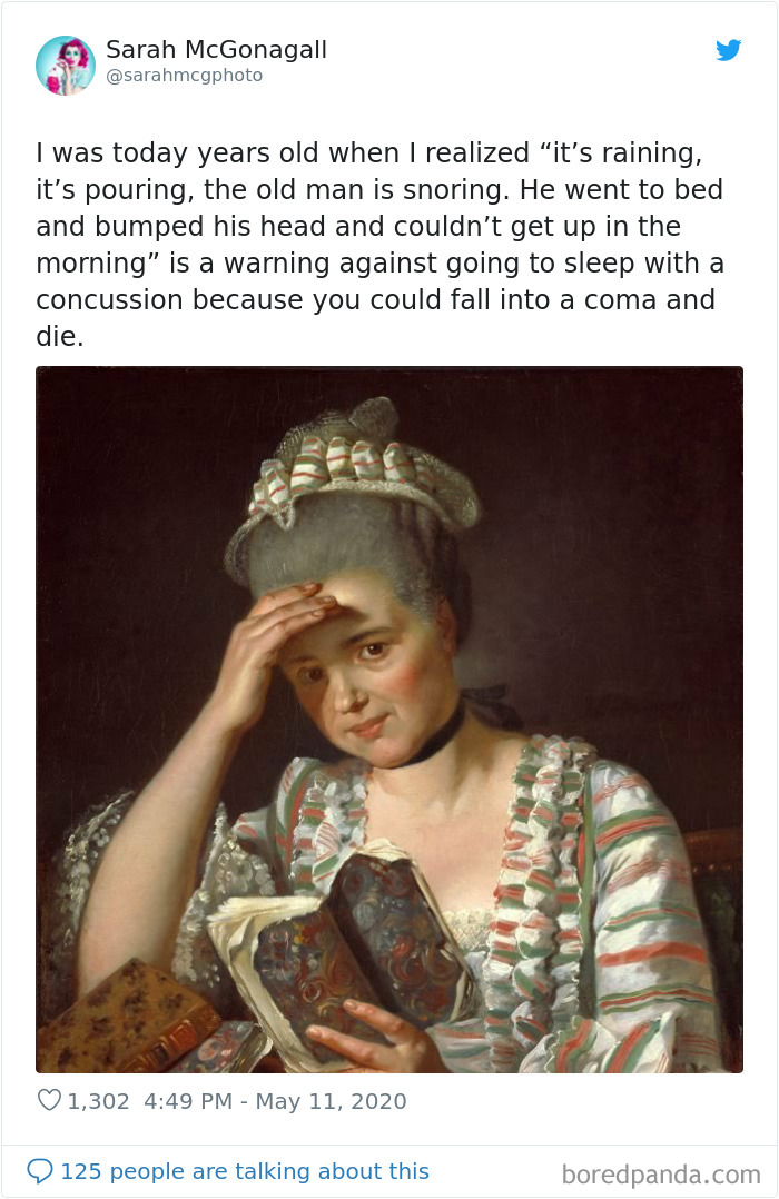 Sarahmcgphoto tweets about warning against going to sleep with a concussion and picture of woman holding her head