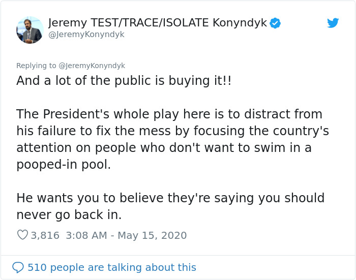 This Man Perfectly Puts The US Reopening Question In Perspective By Comparing Coronavirus To Poop In A Pool This Man Perfectly Puts The US Reopening Question In Perspective By Comparing Coronavirus To Poop In A Pool