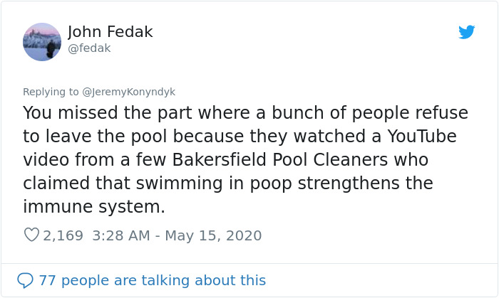 This Man Perfectly Puts The US Reopening Question In Perspective By Comparing Coronavirus To Poop In A Pool This Man Perfectly Puts The US Reopening Question In Perspective By Comparing Coronavirus To Poop In A Pool