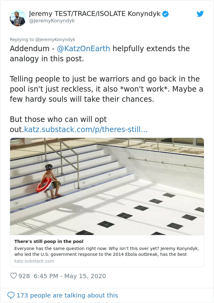 This Man Perfectly Puts The US Reopening Question In Perspective By Comparing Coronavirus To Poop In A Pool This Man Perfectly Puts The US Reopening Question In Perspective By Comparing Coronavirus To Poop In A Pool