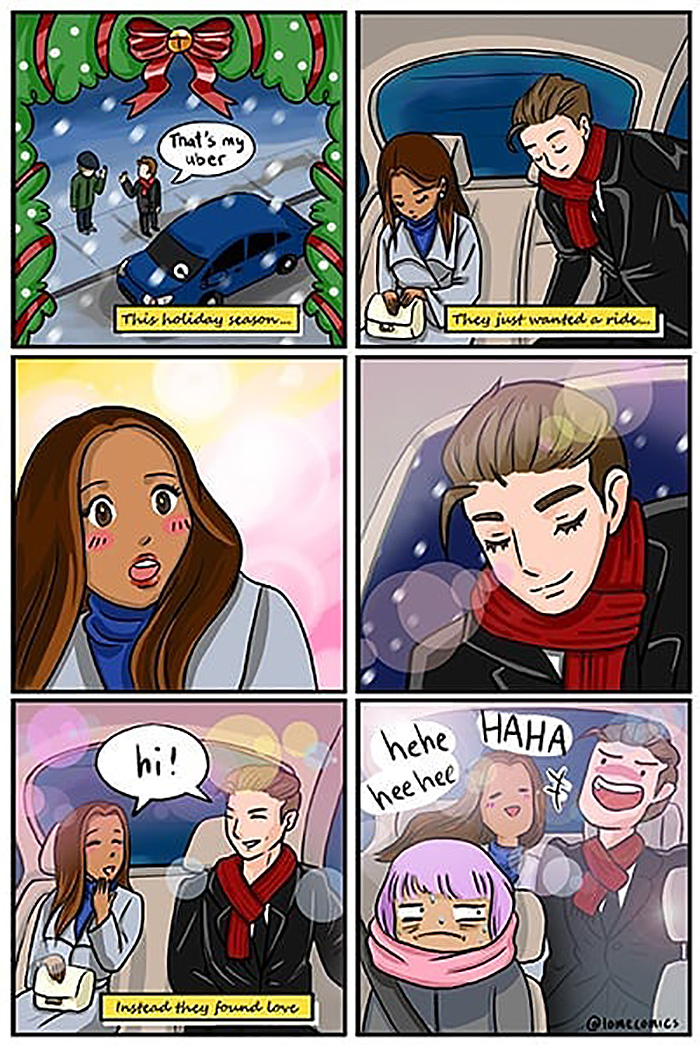 Relatable slice-of-life comic showing a holiday Uber ride turning into a sweet connection between two passengers.