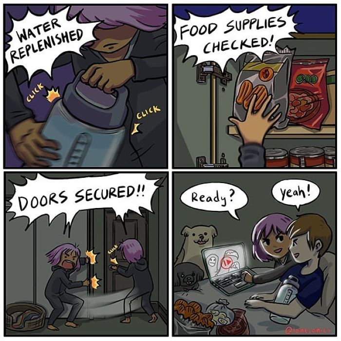 Two people preparing food, securing doors, and relaxing with pets in a relatable slice-of-life comic panel.