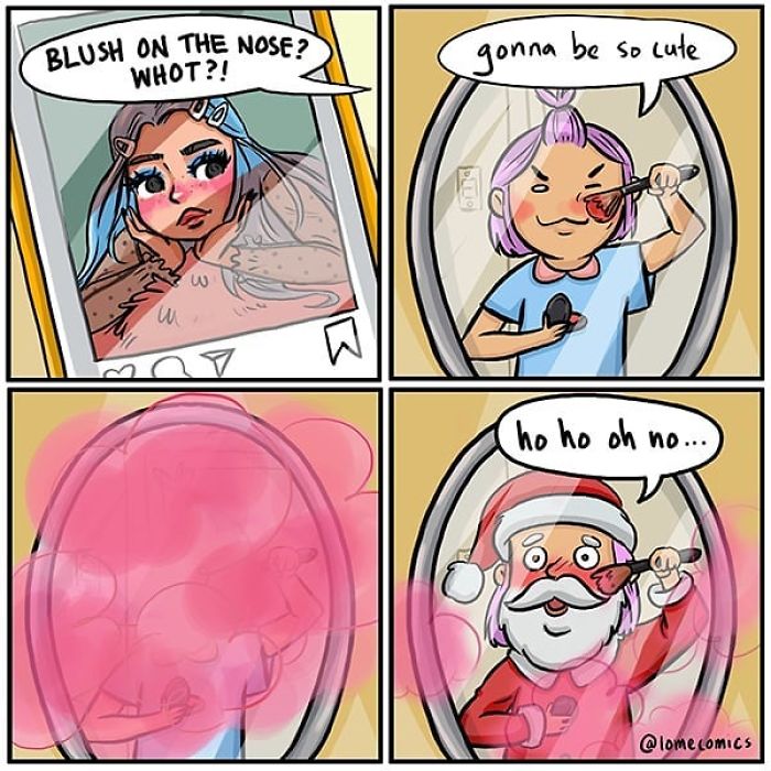 Colorful slice-of-life comic panels showing a person applying blush and humorously turning into Santa Claus in the mirror.