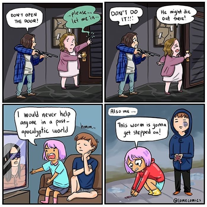 Two characters in a tense scene and two others showing humorous post-apocalyptic slice-of-life comic moments by Lome.