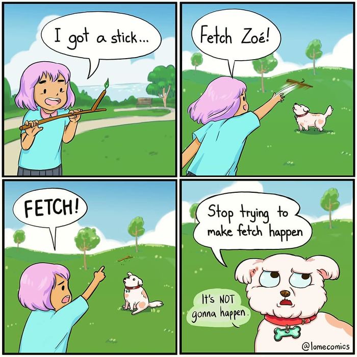 A girl with purple hair plays fetch unsuccessfully with her dog in a relatable slice-of-life comic by Lome.