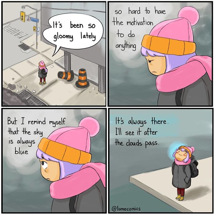 Relatable slice-of-life comic panels showing a character reflecting on gloomy days and finding hope after clouds pass.