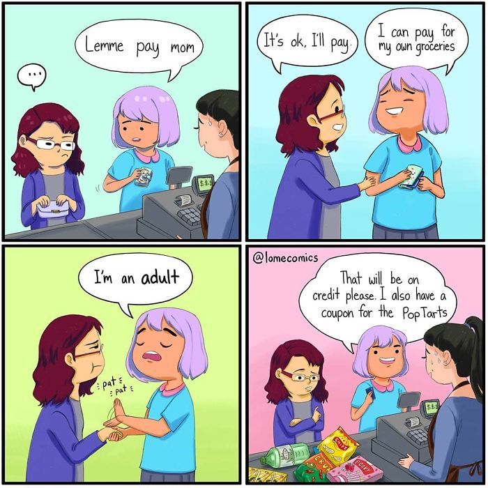 Relatable slice-of-life comic showing a young woman confidently paying for groceries and asserting adulthood.