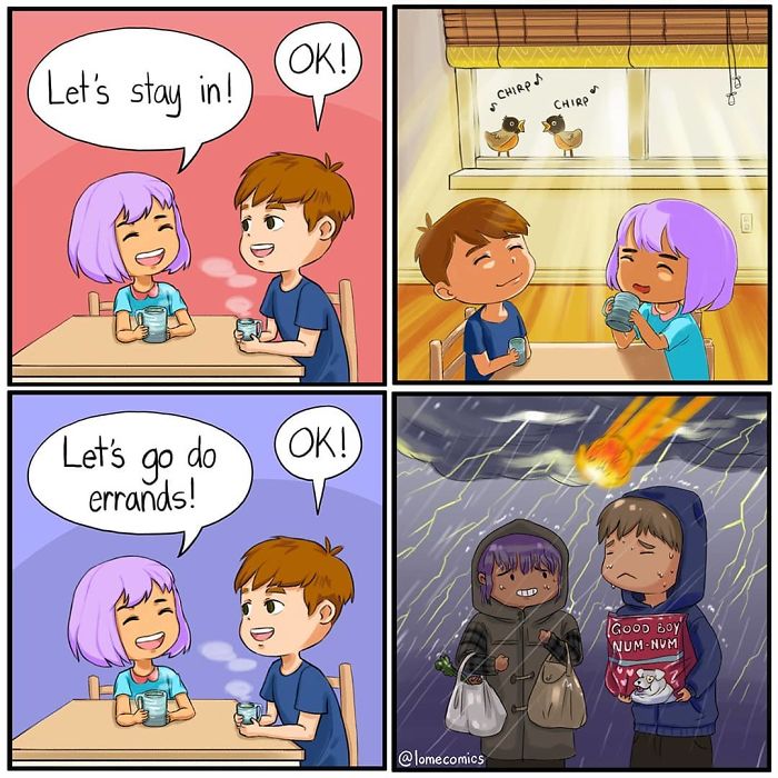 Colorful relatable slice-of-life comics by Lome showing two friends indoors and caught in bad weather running errands.