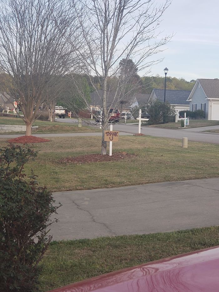 My Neighbor Is A Nurse, We Dont Talk Much Because Our Work Schedules Are So Hectic, Yesterday I Noticed She Looked Really Tired, She Came Home And Left Within The Hour. I Went To Mow My Grass And Seen Her Grass Was High So I Mowed Hers As Well. This Morning I Seen This