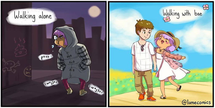 Two-panel relatable slice-of-life comic by Lome showing differences between walking alone and walking with a partner.