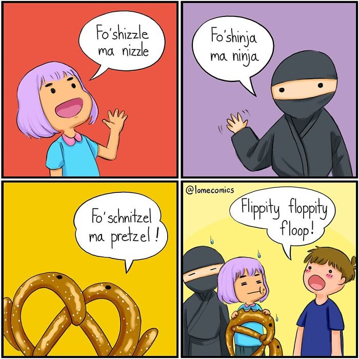 Colorful slice-of-life comic panels showing playful characters and humorous dialogue by Lome comics.