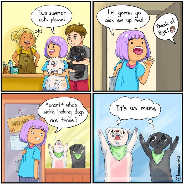 Slice-of-life comic panels showing a woman interacting with two dogs in a humorous daily scenario by Lome.