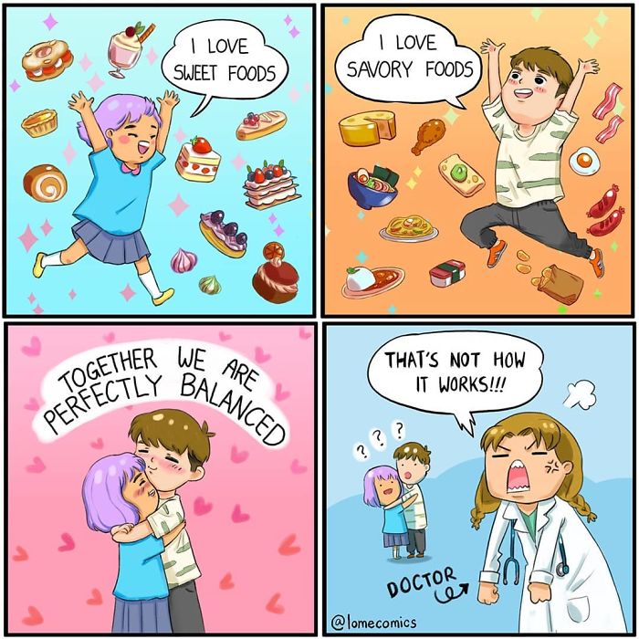 Colorful slice-of-life comics by Lome showing sweet and savory food lovers and a humorous doctor’s reaction.