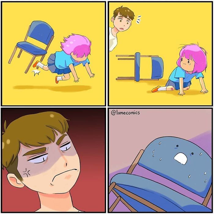 A relatable slice-of-life comic by Lome showing a character tripping over a chair and the chair looking nervous afterward.
