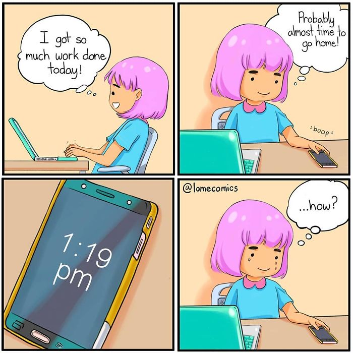 A relatable slice-of-life comic showing a girl surprised by early time during work on her laptop.
