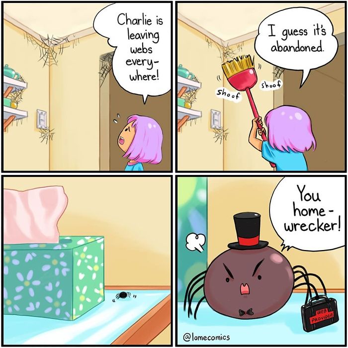 Colorful relatable slice-of-life comic showing a girl spotting cobwebs and an angry spider calling her a home-wrecker.