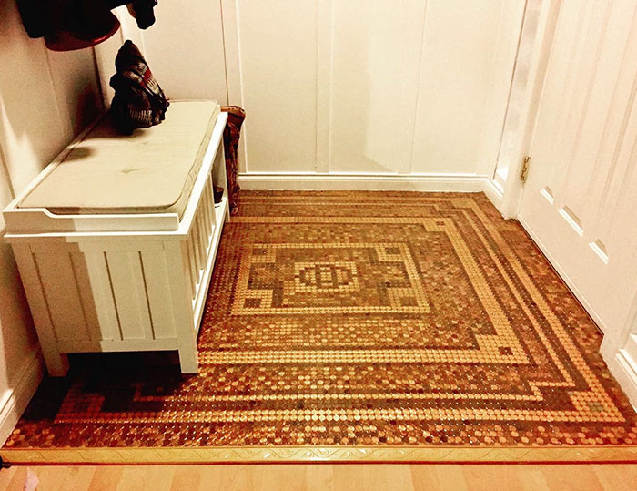 Artist Works On A DIY Project To Create This Stunning Mosaic Floor Out Of 7,500 Pennies