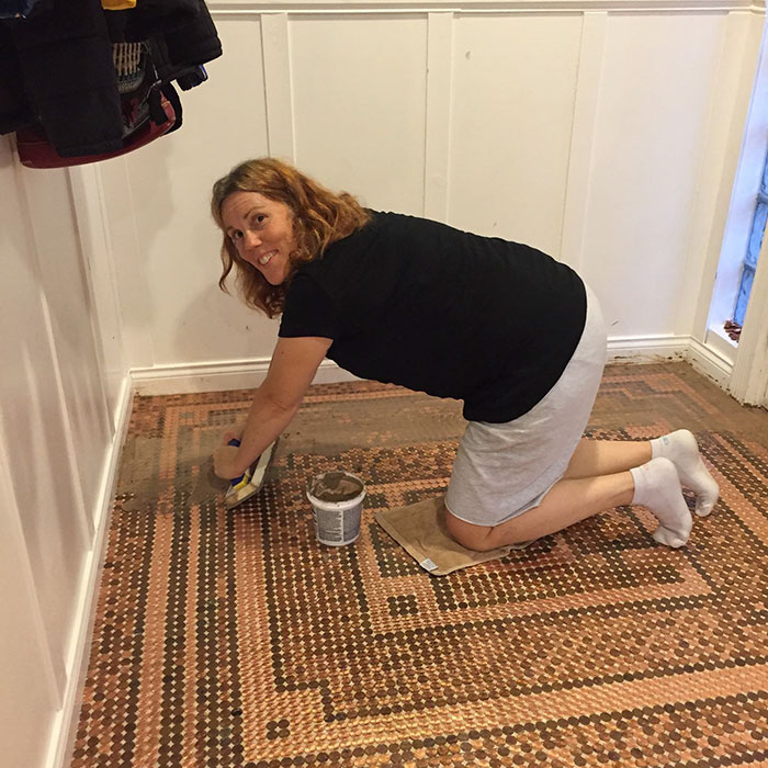 Artist Works On A DIY Project To Create This Stunning Mosaic Floor Out Of 7,500 Pennies