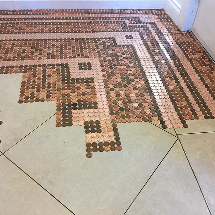 Artist Works On A DIY Project To Create This Stunning Mosaic Floor Out Of 7,500 Pennies
