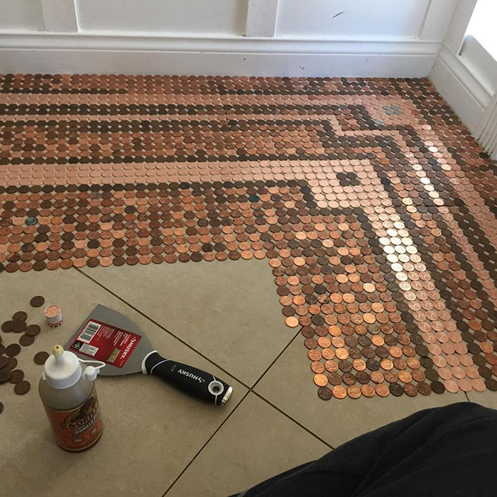 Artist Works On A DIY Project To Create This Stunning Mosaic Floor Out Of 7,500 Pennies