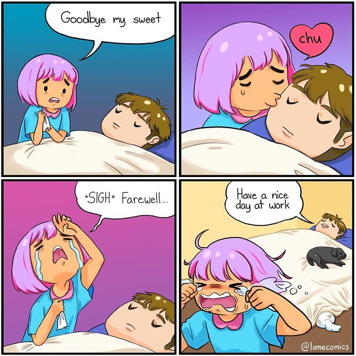 Colorful relatable slice-of-life comic by Lome shows a girl saying goodbye, kissing, and crying over a sleeping boy.