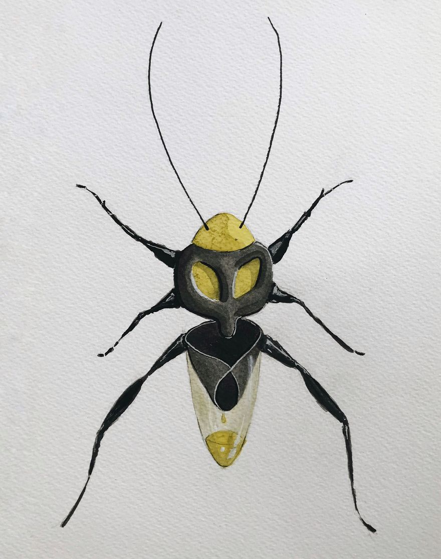 I Made These Surreal Insects Combining Only Black And Yellow Watercolor