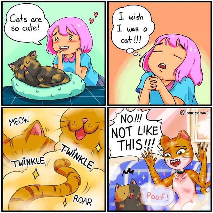 Colorful relatable slice-of-life comics showing a girl wanting to be a cat and humorous cat transformation by Lome Comics.