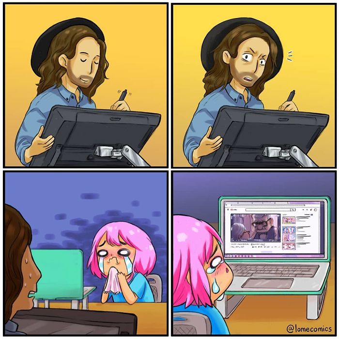 Artist drawing on a tablet showing emotional reactions in a relatable slice-of-life comics scene by Lome.