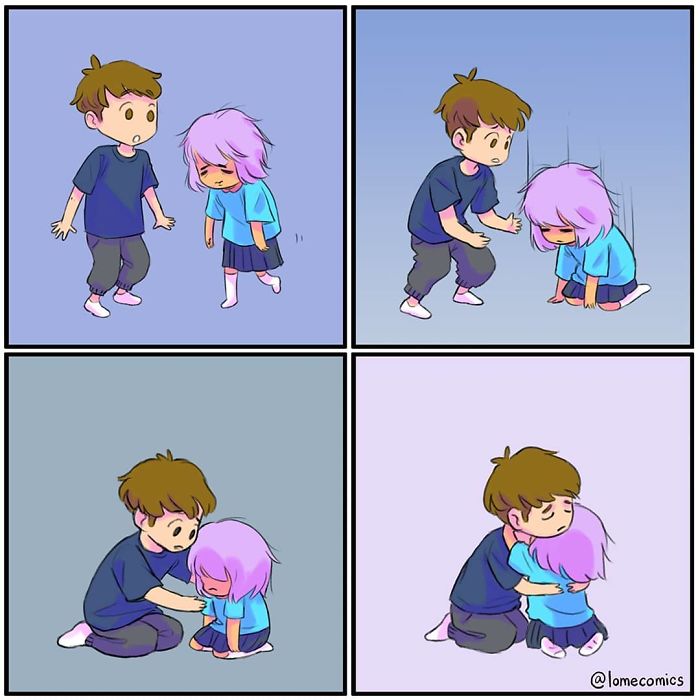 Two characters in a relatable slice-of-life comic showing comfort and support in an emotional moment by Lome.