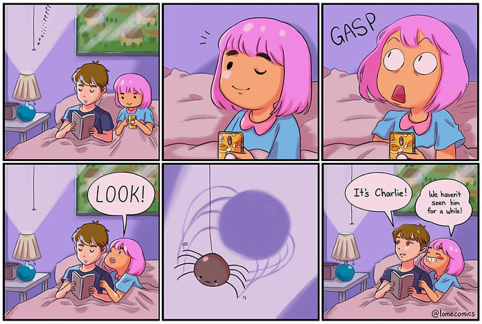 Slice-of-life comic panels showing a girl noticing a spider in bed, capturing relatable everyday moments by Lome.