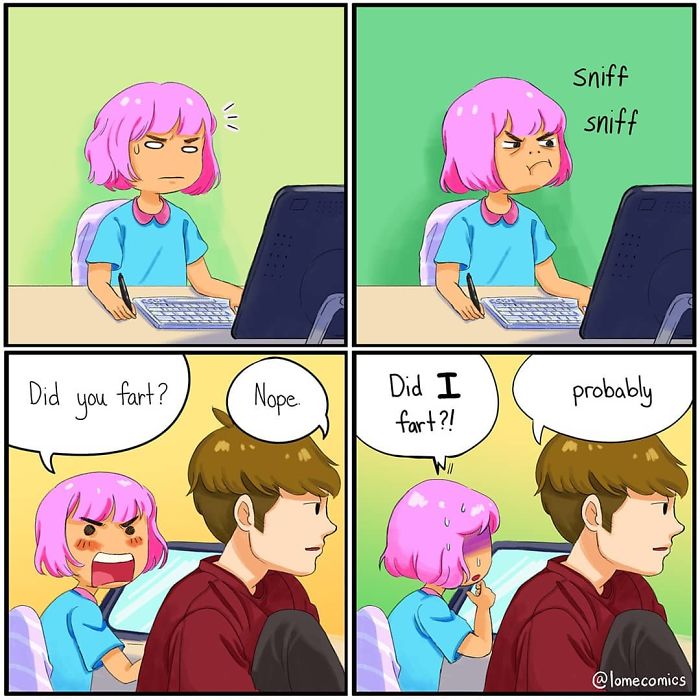 Relatable slice-of-life comic with characters humorously discussing a fart, drawn by Lome.