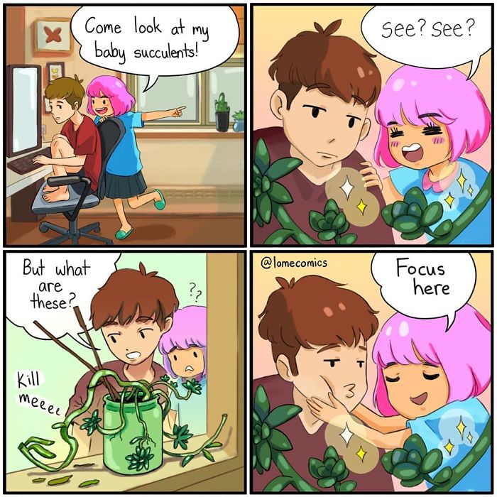 Colorful slice-of-life comic showing a girl excitedly sharing her baby succulents with a skeptical boy.