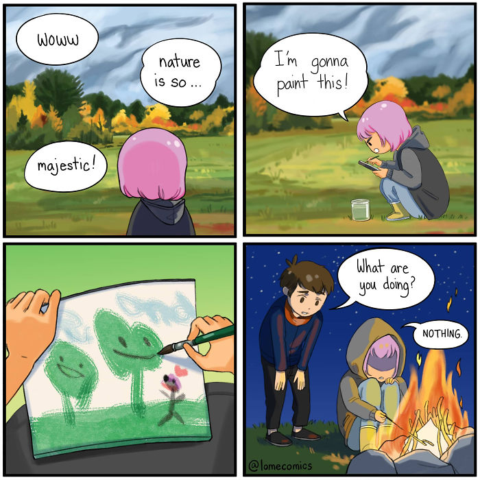 Relatable slice-of-life comic panels showing a girl inspired by nature trying to paint then sitting quietly by a campfire.