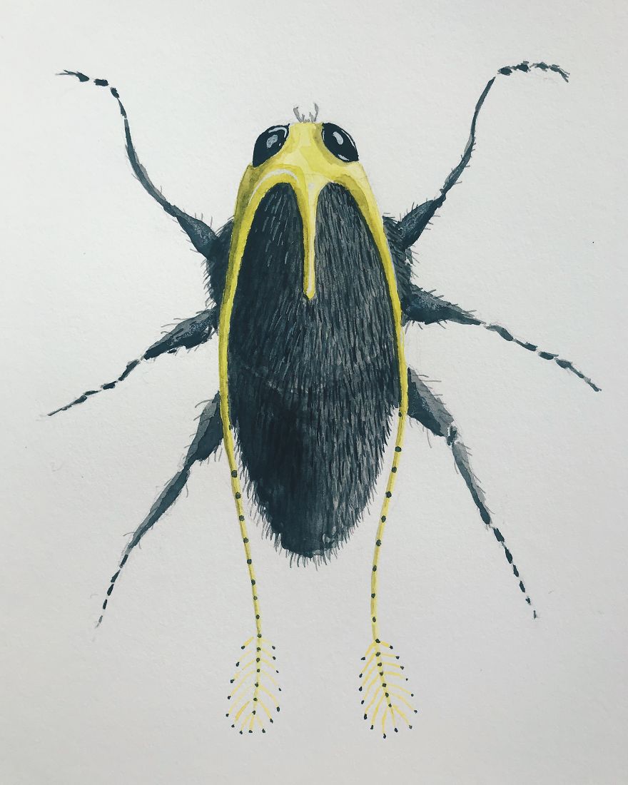I Made These Surreal Insects Combining Only Black And Yellow Watercolor