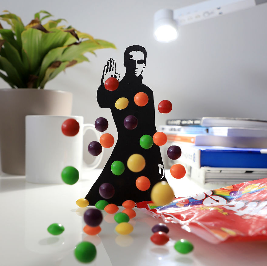 Neo Stopping A Bag Of Skittles