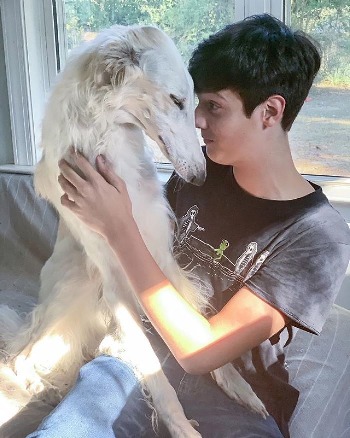 Person cuddling a long dog with a 12.2-inch snout, showcasing their strong bond and the dog's unique features.