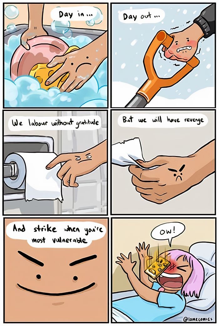 Relatable slice-of-life comic panels showing animated hands with faces and a person reacting to a sponge hitting their face.