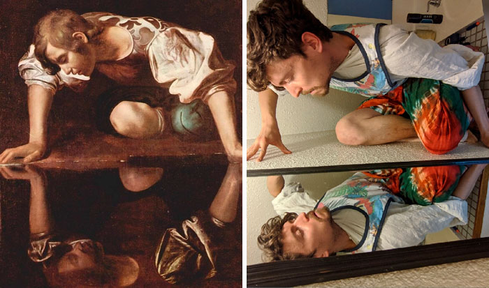 "Narcissus" By Caravaggio, Recreated With Pants, A Mirror, And Antigravity
